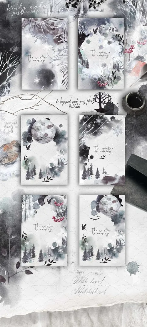 秋冬元素手绘水彩植物贺卡卡片设计素材 vol.2-Winte