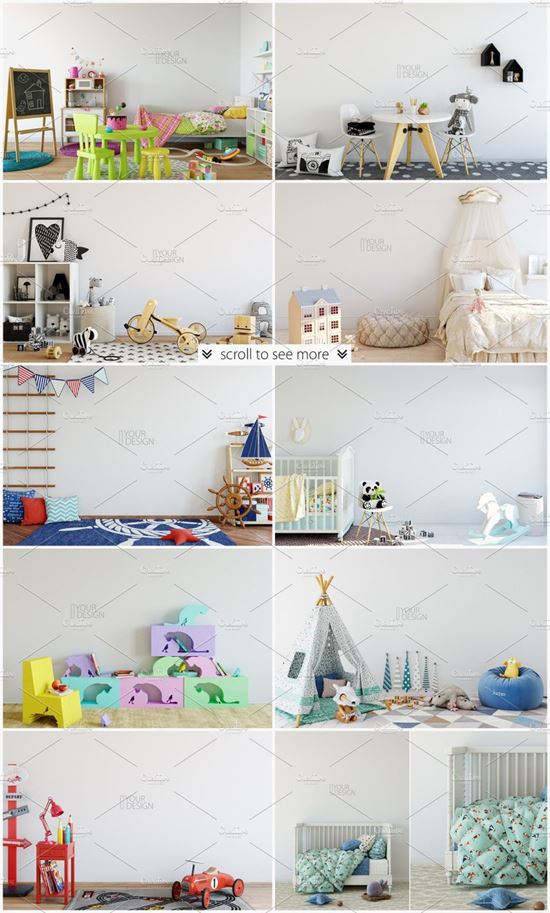 儿童主题室内墙纸设计展示和相框画框样机  Wall  Frames Mockup 1