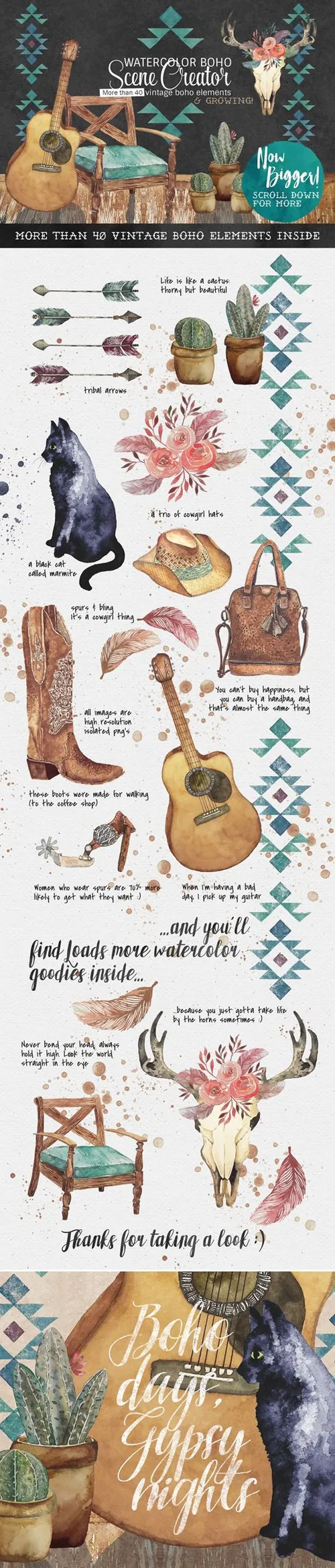 手绘水彩复古波希米亚风格花卉植物装饰素材 Watercolo