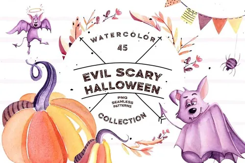 万圣节主题手绘水彩万圣夜装饰素材 Watercolor-Ev