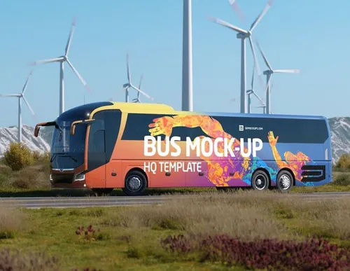 高质量新能源风能企业宣传公交巴士车身广告贴图样机模板 Animated Bus Mock-up