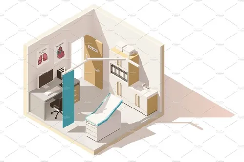 医生办公室办公桌/检查台2.5D等距设计矢量素材 Vector isometric low poly doctors