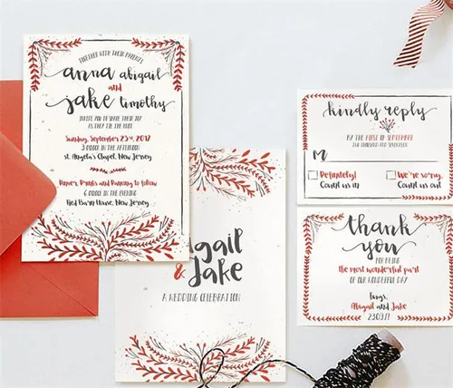 手绘水彩树叶元素婚礼请柬贺卡设计模板 Watercolor-Floral-Wedding-Suite