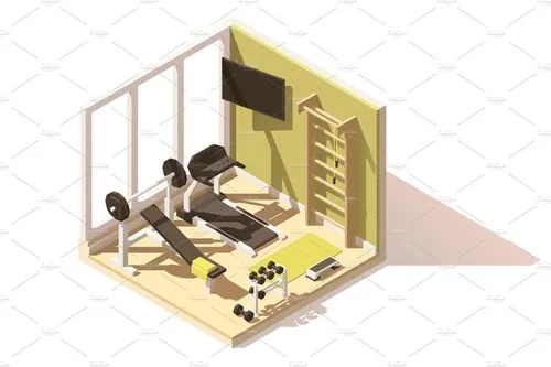 健身房健身器材2.5D等距设计风格EPS矢量素材 Vector isometric low poly gym oom icon