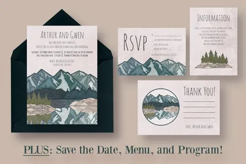 户外风景山地手绘水彩设计模板 Mirror-Lake-Wed