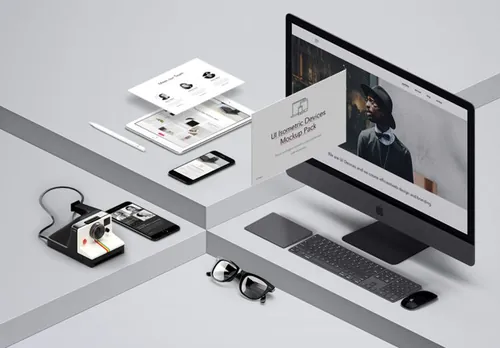 高分辨率多设备等距视图场景样机概念展示模版 UI Isometric Psd Devices Pack