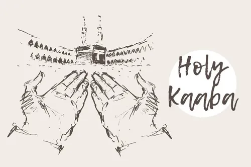 复古手绘祈祷的双手出插图设计素材Holy Kaaba with praying hands