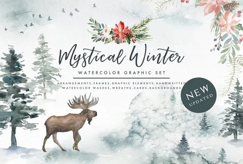 冬日圣诞主题手绘水彩装饰素材 Mystical-Winter
