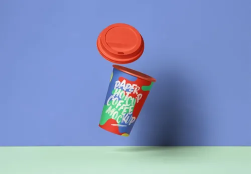 自由下落的咖啡纸杯贴图样机素材 Gravity Psd Paper Hot Cup Mockup