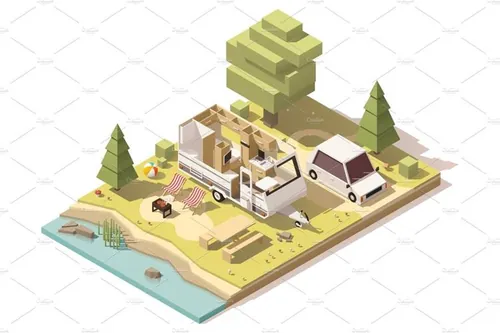 在旅游度假营地的露营房车矢量等距设计素材 Vector isometric low poly camper