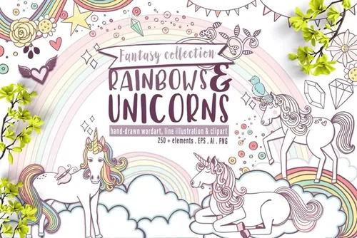 彩虹与独角兽梦幻世界插画元素 Rainbows  Unico
