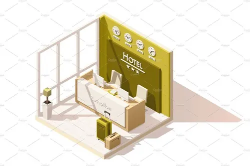 酒店前台接待厅EPS矢量等距设计素材 Vector isometric low poly hotel reception icon