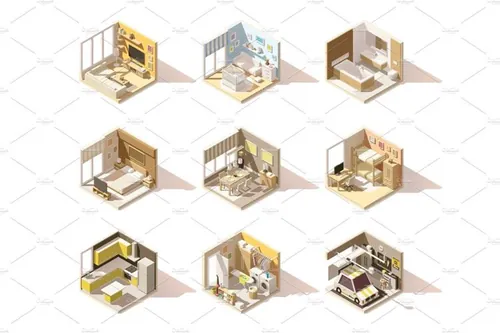 矢量等距家居住宅插图设计素材Vector isometric low poly home rooms se