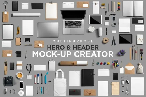 超级多办公文具生活用品Header场景样机设计素材包 Multipurpose Mock Up Creator