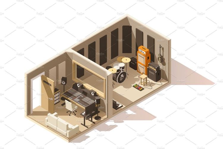 录音工作室场景设计素材Vector isometric low poly recording studio icon