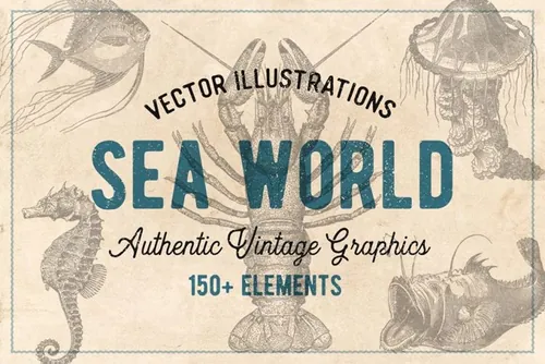 154张手绘复古海洋鱼类贝壳珊瑚等生物插画 Vintage