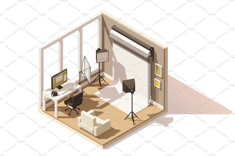 摄影工作室场景设计素材Vector isometric low poly Photo studio room icon