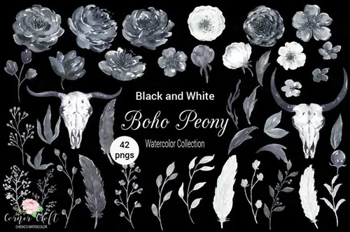 波西米亚风格手绘水彩牡丹花卉装饰素材 Watercolor-