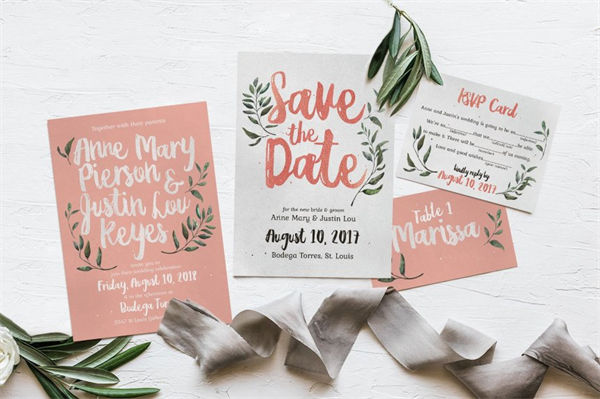 优雅质朴的水彩手绘元素婚礼请柬贺卡设计模板 Rustic-Pink-Green-Wedding-Suite