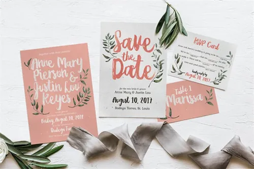 优雅质朴的水彩手绘元素婚礼请柬贺卡设计模板 Rustic-Pink-Green-Wedding-Suite