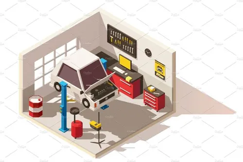 矢量等距汽车维修店插图设计素材Vector isometric low poly car service center icon