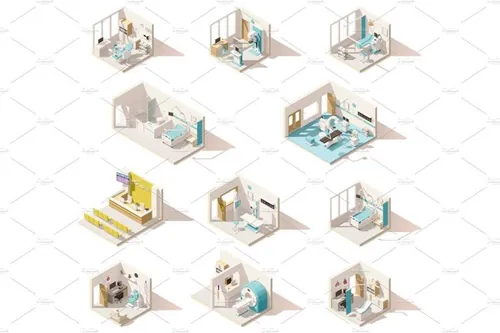 矢量等距低聚医院病房插图设计素材Vector isometric low poly hospital rooms
