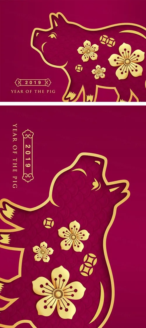 猪年中国传统新年十二生肖纸艺贺卡矢量素材