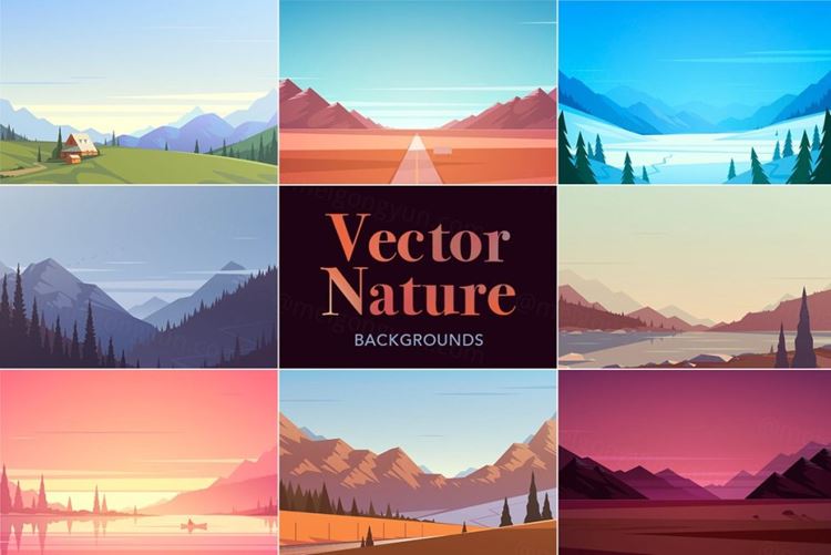 小清新扁平化自然景观风景户外旅行山水画矢量素材包 Vecto