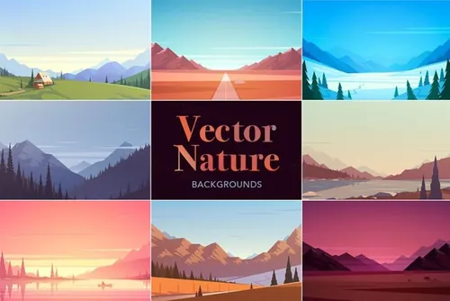 小清新扁平化自然景观风景户外旅行山水画矢量素材包 Vecto