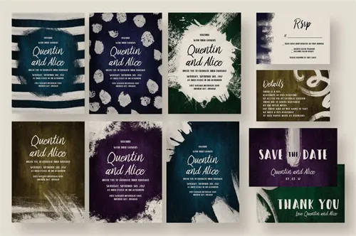 现代大胆色彩复古纹理婚礼请柬贺卡设计模板 Chic-Modern-Bold-Colourful-Suite