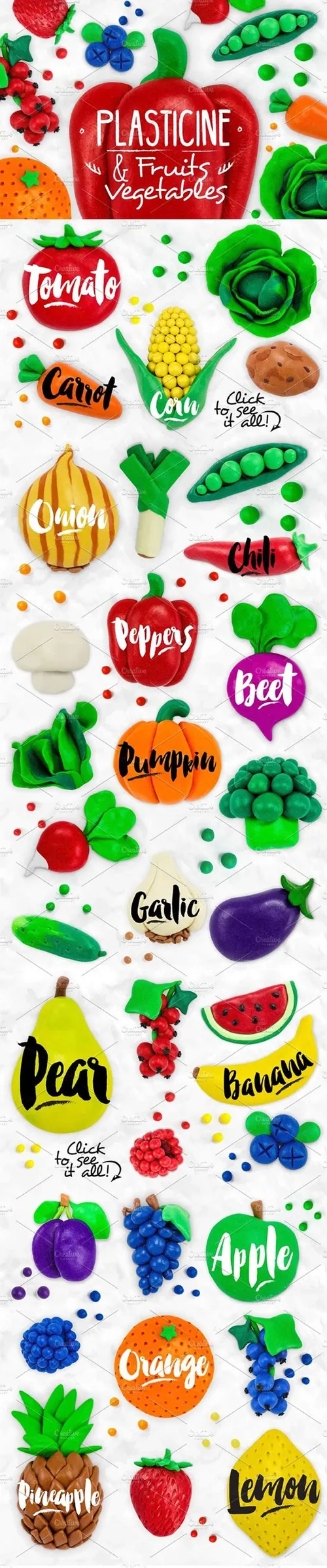 橡皮泥水果和蔬菜设计素材 Set-Plasticine-Fr