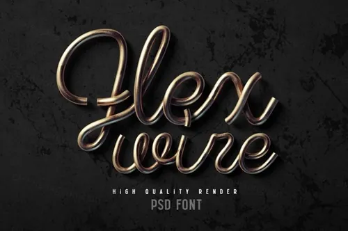 复古金属黄铜立体手写英文字体字母PSD模板 Flex wir
