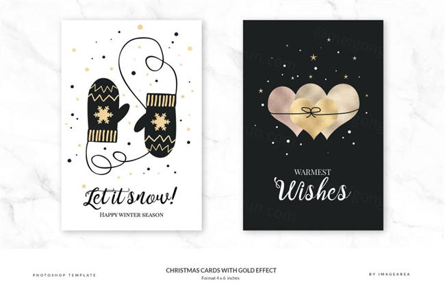 金箔装饰图案圣诞主题贺卡请柬模板 Black-White-Christmas-Cardst