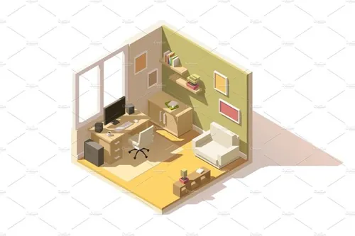 矢量等距低聚房间剖面插图设计素材Vector isometric low poly room cutaway icon