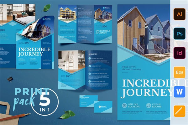 假期旅行房屋短期租赁海报名片传单手册模板套装