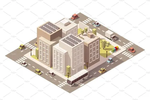矢量等距现代建筑摩天大楼插图设计Vector isometric low poly town street with bu...