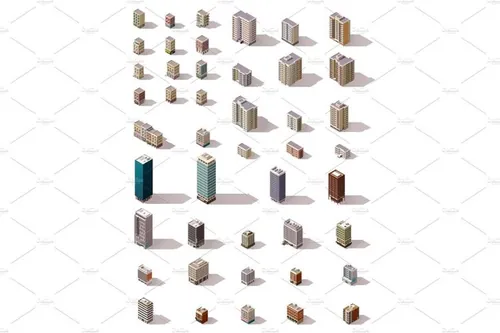 矢量等距低聚建筑和房屋插图设计Vector isometric buildings set