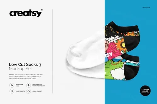 时尚印花短袜样机模板 Low Cut Socks 3 Mockup Set