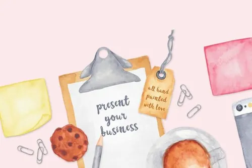 手绘水彩办公用具剪贴画场景模板 Watercolor Sce