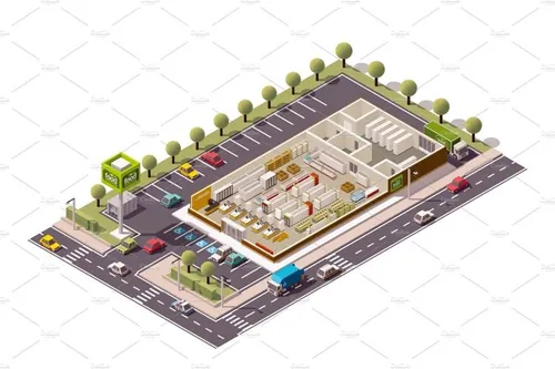 矢量等距超市切面插图设计Vector isometric supermarket cutaway