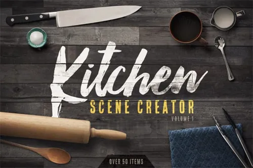 高品质的时尚高端厨房餐厅饭店餐具刀具VI样机展示模型mockups