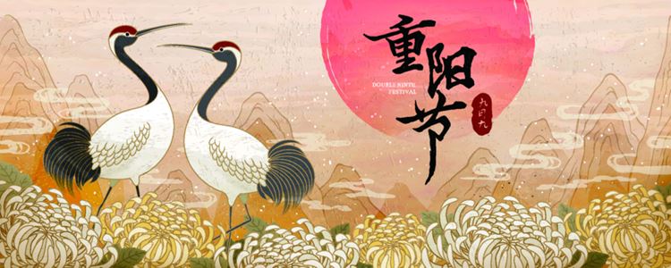 九九重阳节菊花飞鹤东方复古传统矢量海报模板 Double ninth festival