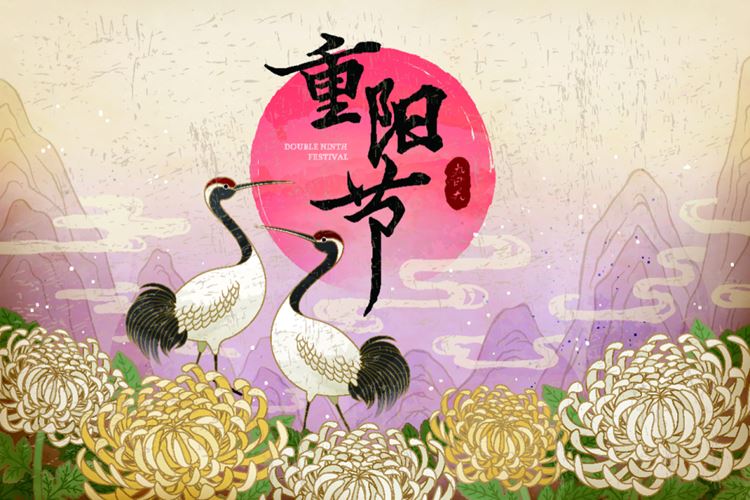 九九重阳节菊花飞鹤东方复古传统矢量海报模板 Double ninth festival