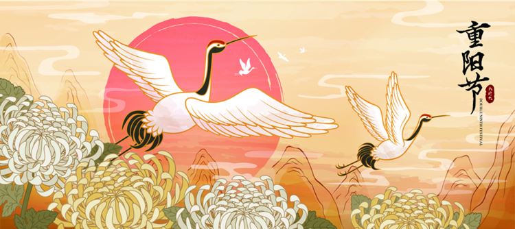 九九重阳节菊花飞鹤东方复古传统矢量海报模板 Double ninth festival