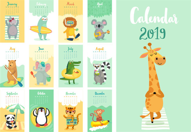 年可爱的卡通沙滩动物创意手绘风格日历矢量模版