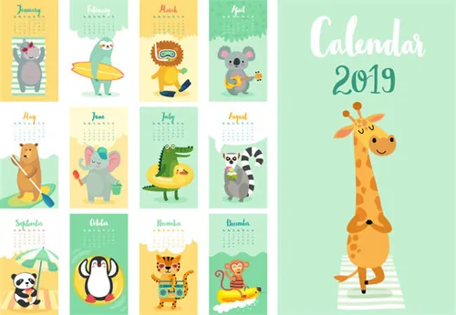 年可爱的卡通沙滩动物创意手绘风格日历矢量模版