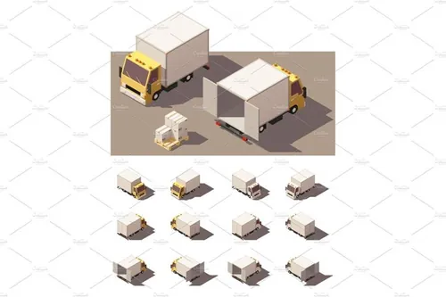 等距火车模型插图设计素材Vector isometric box truck icon set