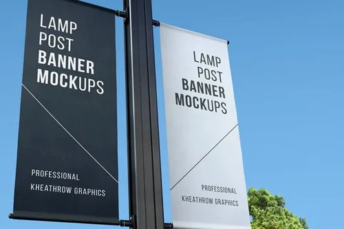 高品质的房地产路旗道旗展示模型 city-lamp-post-banners-mock-ups