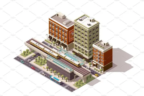矢量等距城市火车站插图设计素材Vector isometric city train station