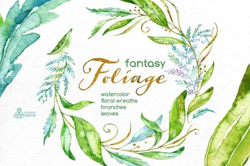 梦幻手绘水彩绿色花卉叶子插画素材 Fantasy-Folia